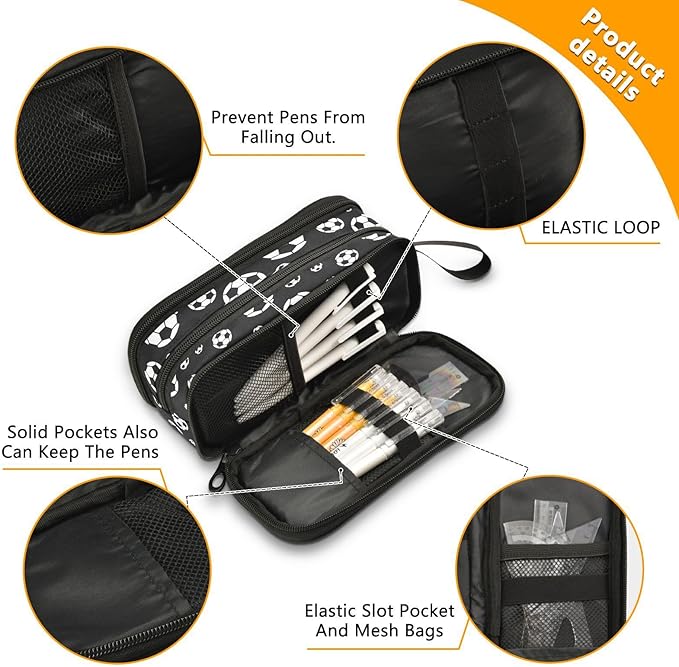 Football Soccer Pencil Case Box Boys Girls Large Pencil Pouch Zipper Compartments Big Capacity Stationery Pen Bag Organizer Kids Teens Adults School