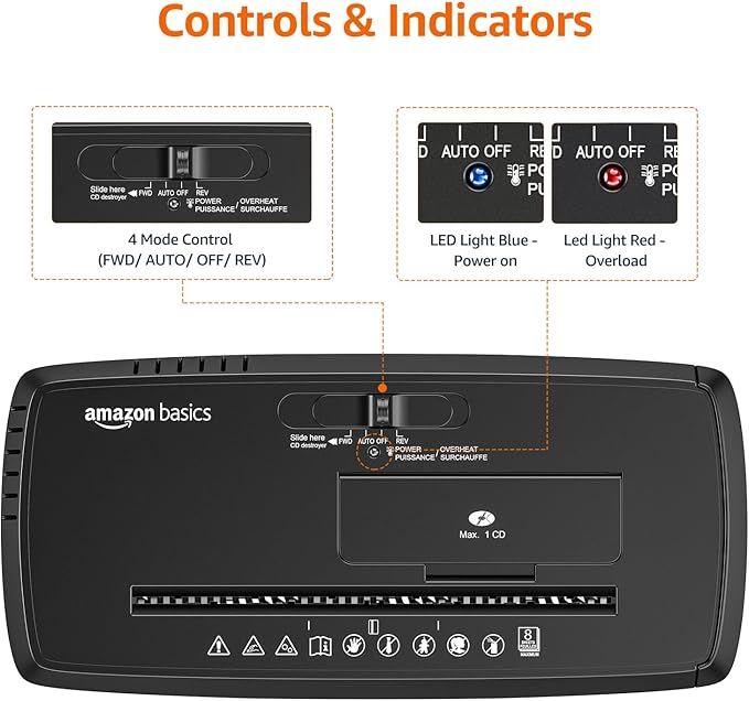 Amazon Basics 8-Sheet Strip Cut Paper, CD, and Credit Card Shredder with Auto-Off Compact, Portable Design, No Basket, Extendable Arm, Black