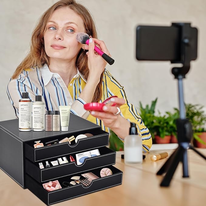 PU Leather Desk Organizer with 3 Drawers,Executive Office Supplies Desktop Filing A4 File Cabinet/Holder for Jewelry/Bill/Paper/Documents/Makeup Home Decor Stationery Storage Box,Black