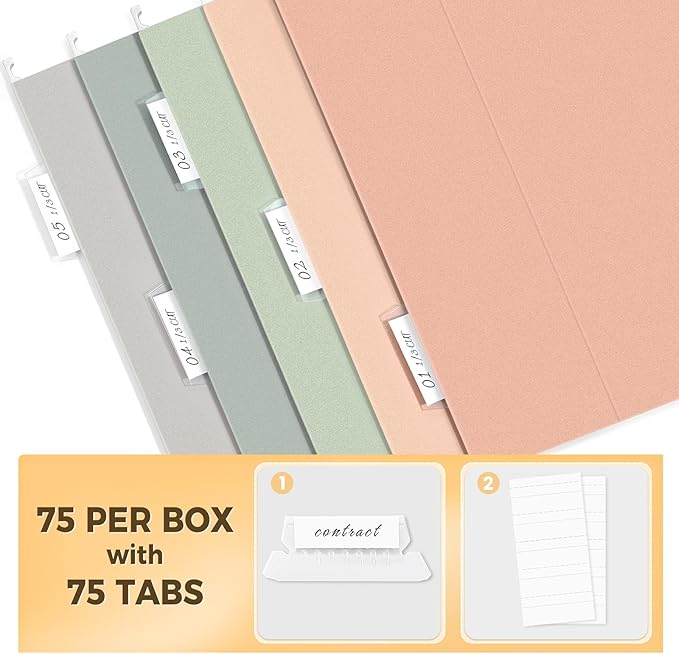 SUNEE Hanging File Folders, Pastel Colors - 75 Pack, Colored File Folders Letter Size with 1/5-Cut Tabs, Ideal for Organizing Home and Office Documents