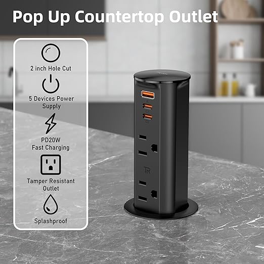 ANNQUAN 2 inch Pop Up Outlet for Countertop with 20W USB Ports,2 Outlets Tamper Resistant,Splashproof Pop Up Socket,Desk Power Grommet for Home Office Kitchen 3FT Cord (ETL Listed)