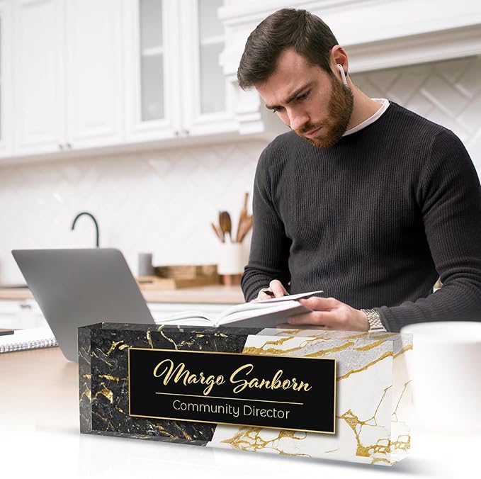 Personalized Name Plate for Desk Custom Acrylic Desk Name Plate Custom Employee Appreciation Gifts Office Gifts for Women, Men, Boss, Coworkers, Teacher, Nurse (A-Black & White Marble)