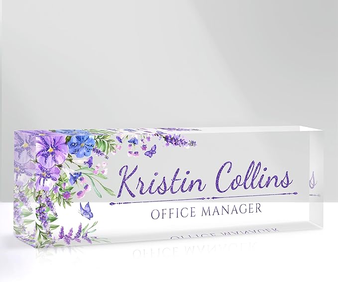 Custom Name Plate for Desk, Personalized Desk Name Plate on Clear Acrylic Glass, Appreciation Gifts for Teacher Employee Boss Coworkers Nurse, Office Desk Accessories for Women Men (Lavender)