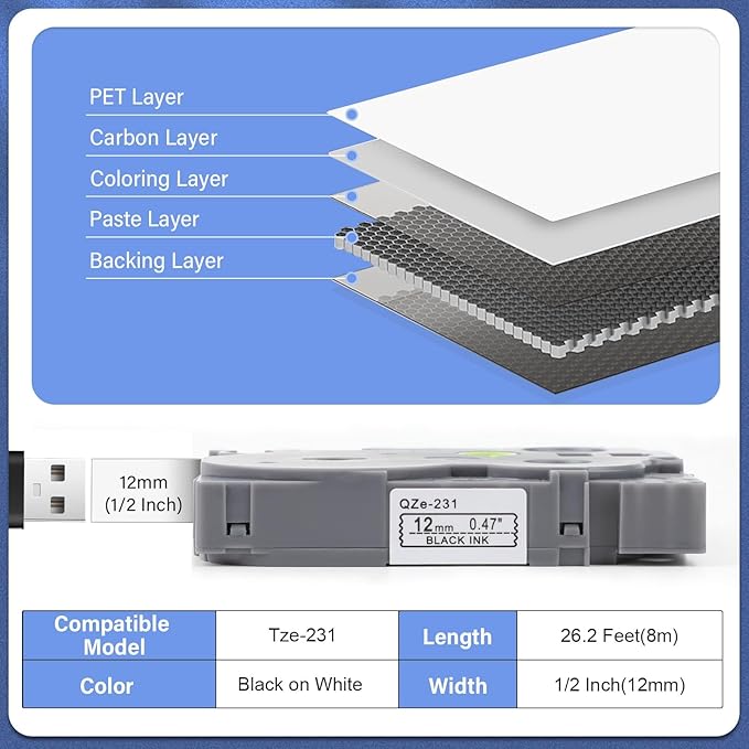 4pack 12mm 0.47'' TZe TZ Tape Laminated White Label Maker Tape Replacement for Brother P Touch Label Tape TZe-231 TZe231 Compatible with Brother PT-D210 PT-D220 PT-H110 PT-D410 PT-P710BT