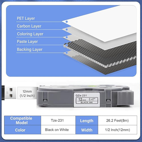 10pack 12mm 0.47'' TZe TZ Tape Laminated White Label Maker Tape Replacement for Brother P Touch Label Tape TZe-231 TZe231 Compatible with Brother PT-D210 PT-D220 PT-H110 PT-D410 PT-P710BT
