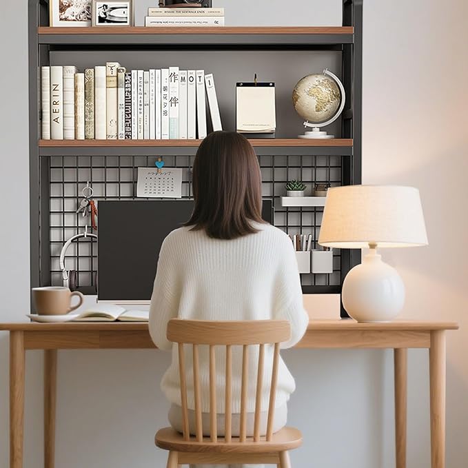 Desk Shelf Bookcase 1-Tier Metal Desktop Bookshelf Hutch with Grid Panel and DIY design possible Multipurpose Storage Organizer Display Rack for Dorm Office Home Computer Desk(White 29.5"×7.9"×38.6")