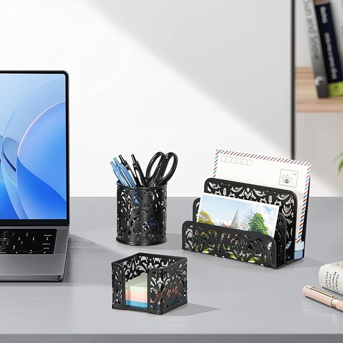 EasyPAG Desk Organizers and Accessories 3 Pieces Office Organizer Set - Pen Holder for Desk, Mail Sorter Countertop and Sticky Note Holder, Black