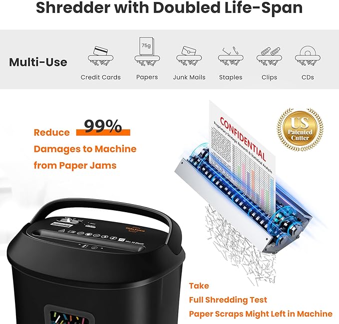 Paper Shredder 58dB 14-Sheet Cross-Cut Shredder with US Patented Cutter Shreds Card/CD, Heavy Duty Paper Shredding Machine for Home Office with Auto Jam Proof,6.6-Gallon Bin