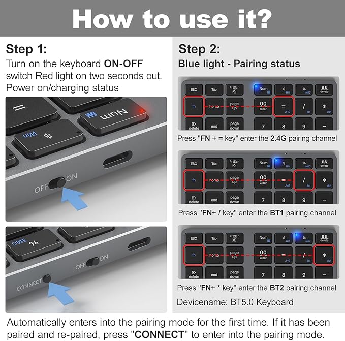 MOFII Bluetooth Number Pad for Laptop - Gray Wireless Numeric Keypad 35 Keys USB-C Rechargeable Numpad, Accounting Portable Financial Data 10 Key for Laptop/PC/Desktop/Notebook/Surface Pro