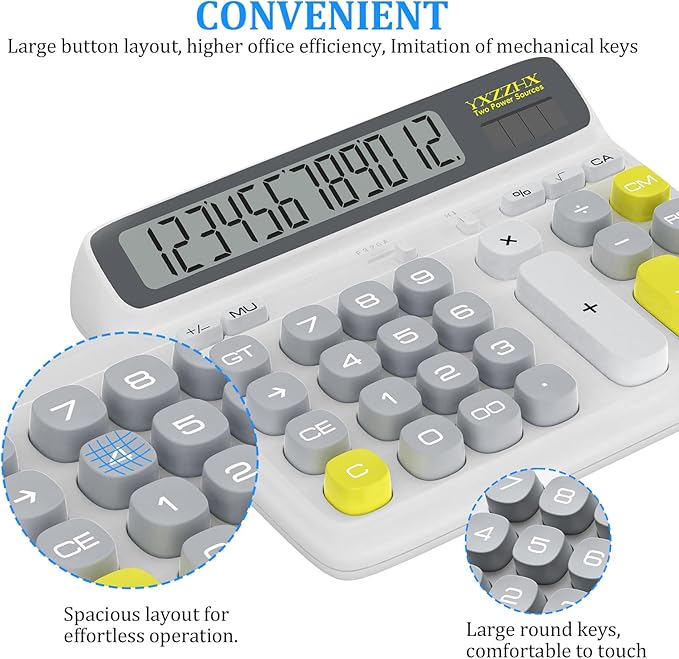Desktop Calculator with Extra Large 5-Inch LCD Display, 12-Digit Two Way Power Solar & Battery Office Calculator with Big Buttons for Business, Accounting & Home Use(White)