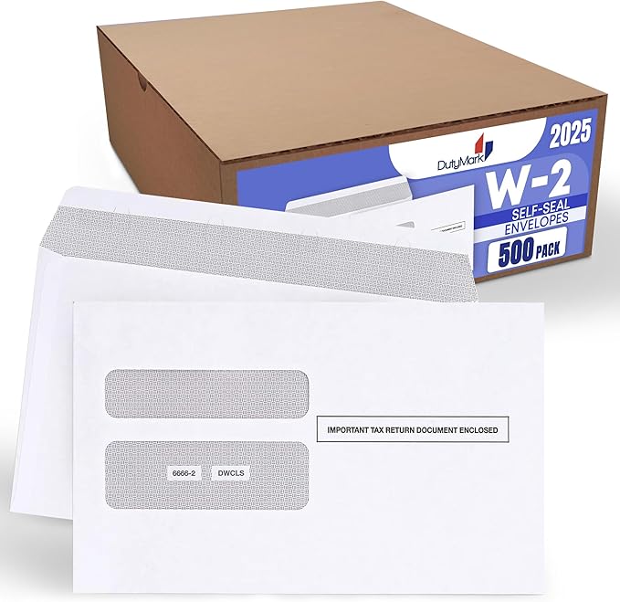 500 W2 Envelopes 2025 Self- Seal W2 Double Window Security Envelopes For W2 2-Up IRS Tax Forms from QuickBooks Online, Desktop, ADP and Other Software Box of 500 Envelopes