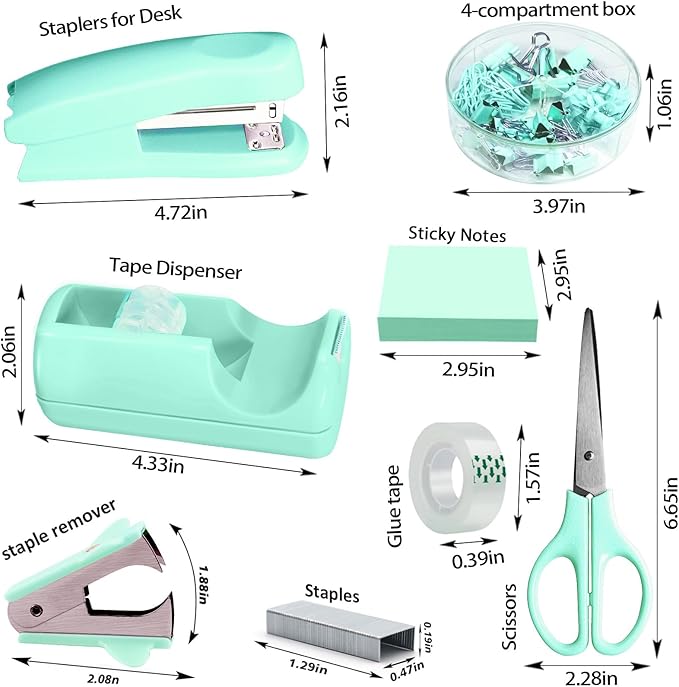 Green Office Desk Accessories, Green Office Supplies Set, Desk Drawer Organizer,Stapler and Tape Dispenser Set,Tape,Staple Remover, Staples, Paper Clips, Scissor and Sticky Note