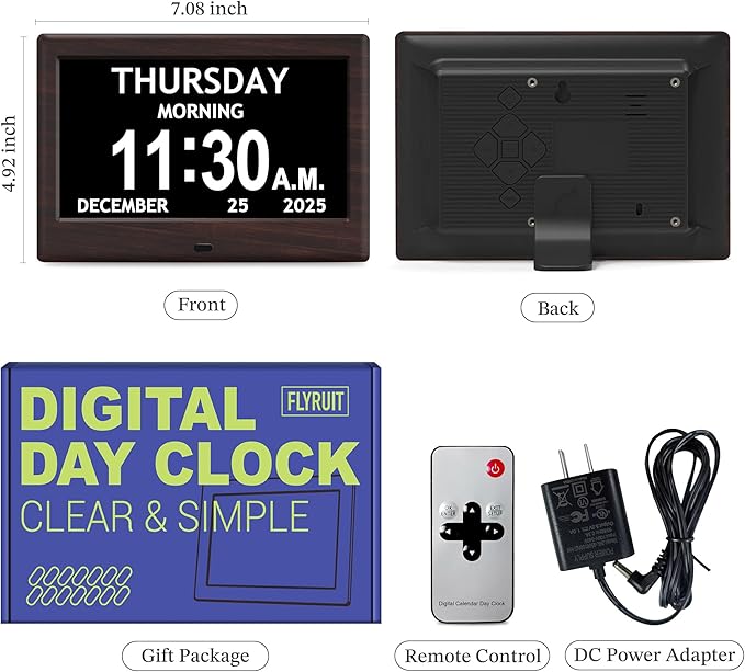 7'' Dementia Clock For Seniors, Large Display Digital Clock With Date, Time, Day Of Week for Elderly, Alzheimer, 1024*600P HD, 10 Reminders & 6 Alarms, Auto Dimming & DST, Remote Control, Brown