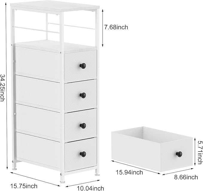 YBING Narrow Dresser for Bedroom, Slim Side Table with Drawer, Dresser Storage Cabinet with 4 Fabric Drawers, Chest of Drawers for Small Space, White