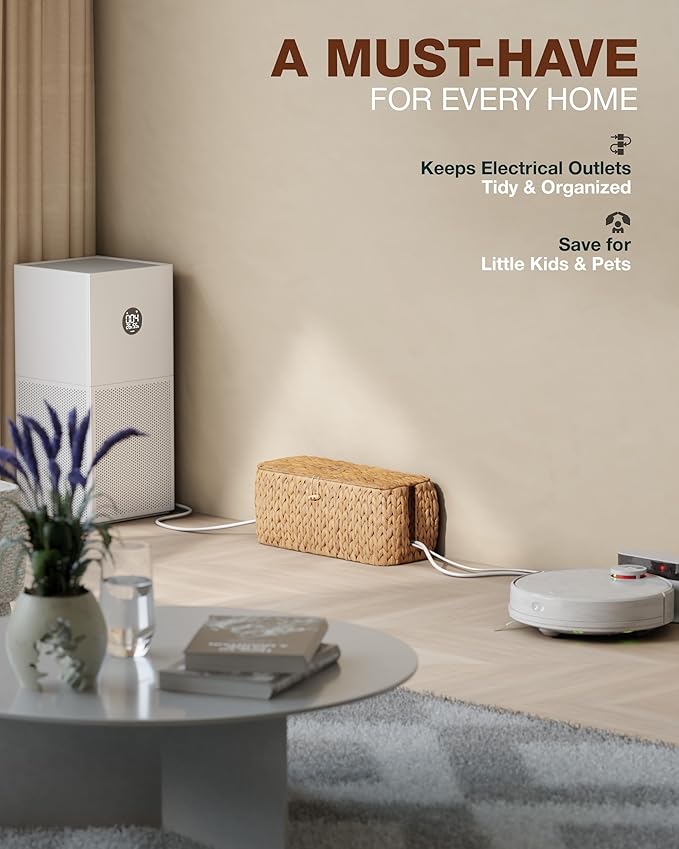 Large Cable Management Box, Natural Rattan Cable Cord Organizer Boxes for Power Strip – 2 Open Slots Cords Hider Box for TV Wires, Computer, Router, USB Hub and Under Desk Power Strip (Hyacinth)