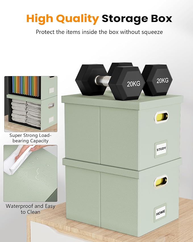 2 Pack File Storage Organizer, Portable File Box with Lid, Fit for Letter/Legal File Folder Storage, Grey-green (Leather) Box