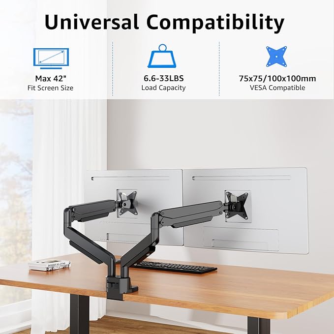 MOUNTUP Dual Monitor Mount fits 42 40 39 37 34 32 27 inch Ultrawide Screen, Holds 6.6-33lbs, Dual Monitor Arm Desk Mount, Heavy Duty Monitor Stand for 2 Monitors, with Clamp/Grommet Base
