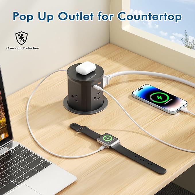 BTU Pop Up Outlet for Kitchen Countertop with 15W Wireless Charger, 20W USB C Fast Charging & 4 AC Outlet, 3 3/8" Hole Desk Charging Station Pop Out Outlet for Office, Conference, Kitchen Use