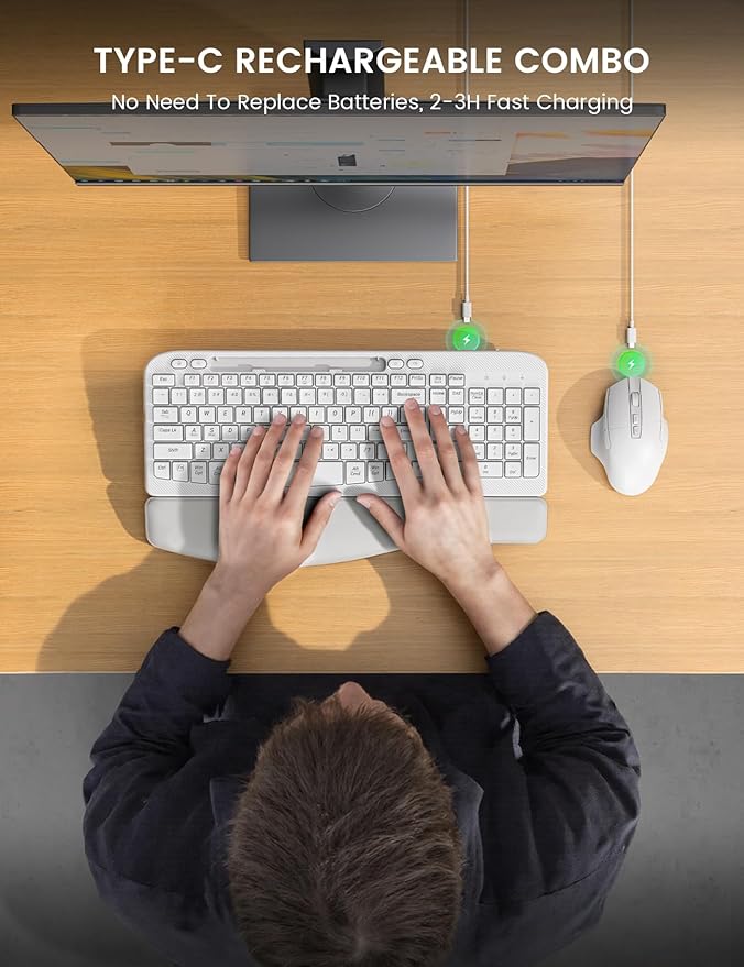 SABLUTE Wireless Keyboard and Mouse Combo, Ergonomic Wave Keys, Cushioned Palm Rest, Rechargeable, Phone Holder, Natural Typing, 2.4G Lag-Free, Full Size Keyboards Cordless Set for Windows/Mac, White