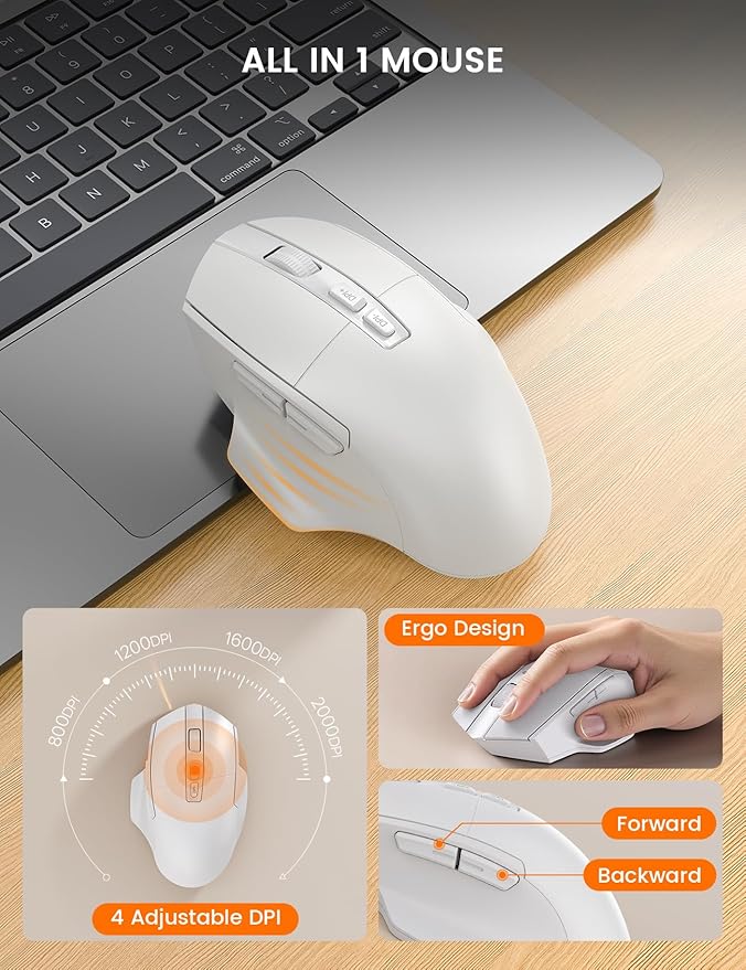 SABLUTE Wireless Keyboard and Mouse Combo, Ergonomic Wave Keys, Cushioned Palm Rest, Rechargeable, Phone Holder, Natural Typing, 2.4G Lag-Free, Full Size Keyboards Cordless Set for Windows/Mac, White