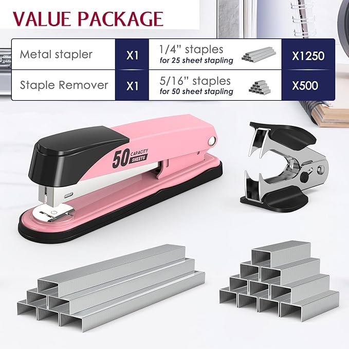 Metal Stapler Heavy Duty 50 Sheet Capacity with 1750 Staples and Staple Remover, Full Strip Staplers for Desk, No Jam, Non-Slip for Office & Classroom, Pink
