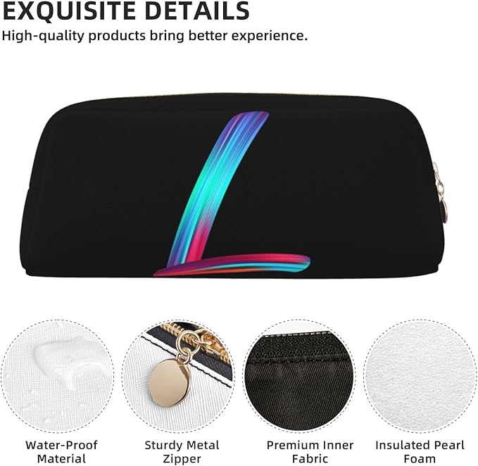Cute Initial Pencil Case for Kids Simple Leather Pencil Pouch for Boys Girls Letter Design Pencil Box Pen Bag Pencil Pouch Office Stationery Organizer, Rainbow Letter L