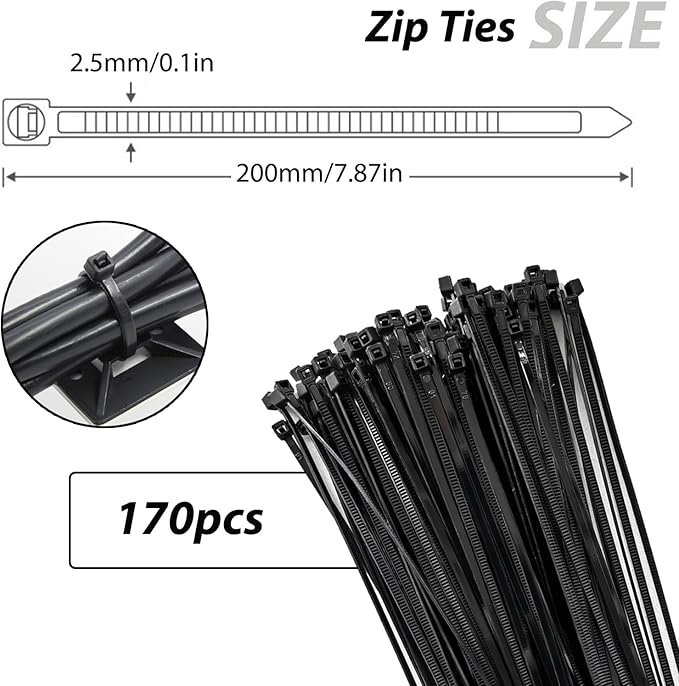 340 Pcs Self Adhesive Cable Zip Tie Mounts Set | 170 Pcs Cable Tie Mounting Base,3/4" | 170 Pcs Zip Ties,8" | Black,Cable Clip,Wire Management Clips,Wall Ties Fixing Mount,Wire Holders for Cables
