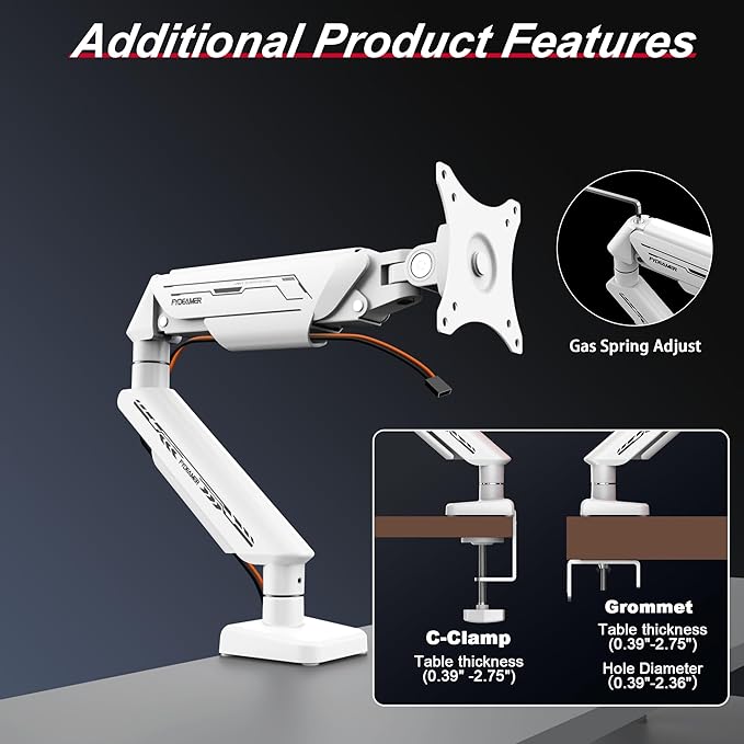 Monitor Arm for 17-35" Screens up to 24.2 lbs, Ergonomic Gas Spring Monitor Stand with Height Adjust, Tilt, Swivel & Cable Management, VESA Desk Mount with 2 Types of Installation, White