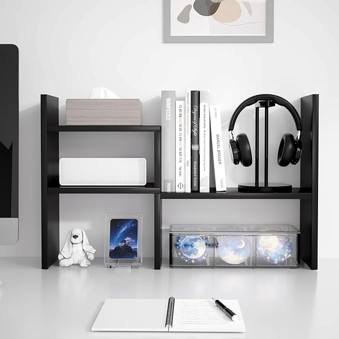 Jerry & Maggie Desktop Organizer Office Storage Rack Adjustable Wood Display Shelf, Birthday Gifts Toy Home Decor Free Style Rotation Display True Natural Stand Shelf (Black)