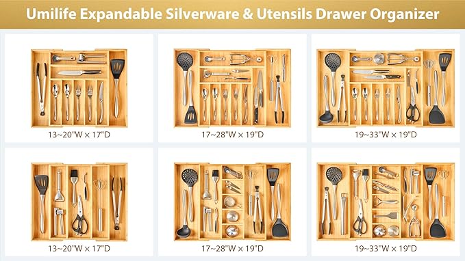 Umilife Large Expandable Kitchen Silverware Utensils Drawer Organizer, 2.5" Extra High Adjustable Drawer Divider with Curved Grooves, Bamboo Wood Cutlery Tray Flatware Holder