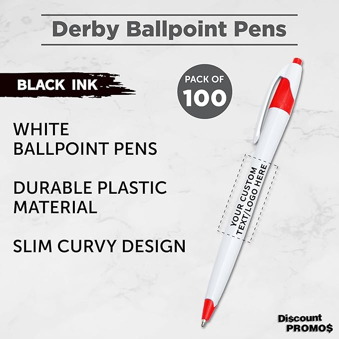 DISCOUNT PROMOS Custom Slim Curvy Ballpoint Pens Set of 100, Personalized Bulk Pack - Black Ink, Retractable, Great for Office, School, Tradeshows - Red