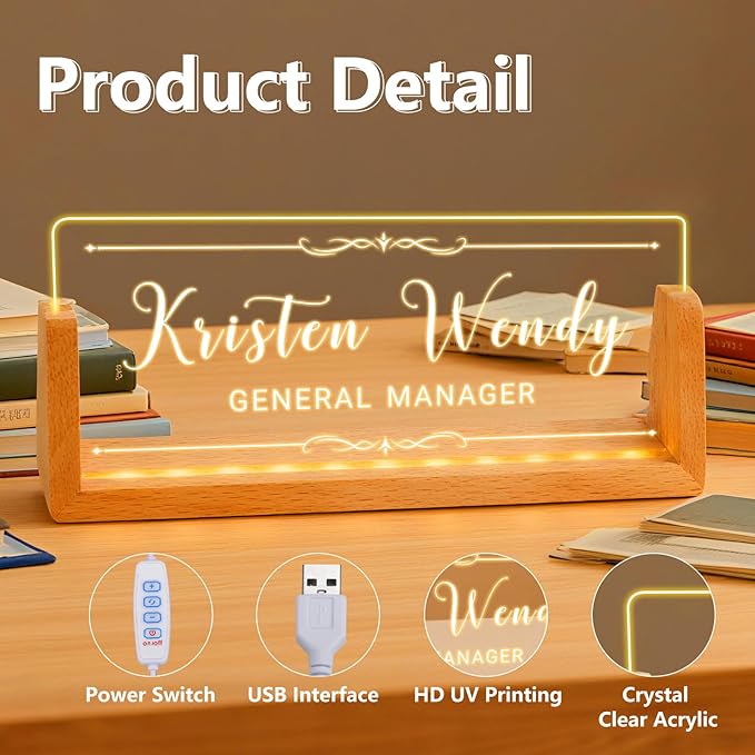 Ships Next Day, Custom Name Plate for Desk - Business Light Up Acrylic Desk Name Plate Personalized Elegant Office Gift for Boss Coworker Teacher Employee Appreciation Gift, Office Decor for Women Men