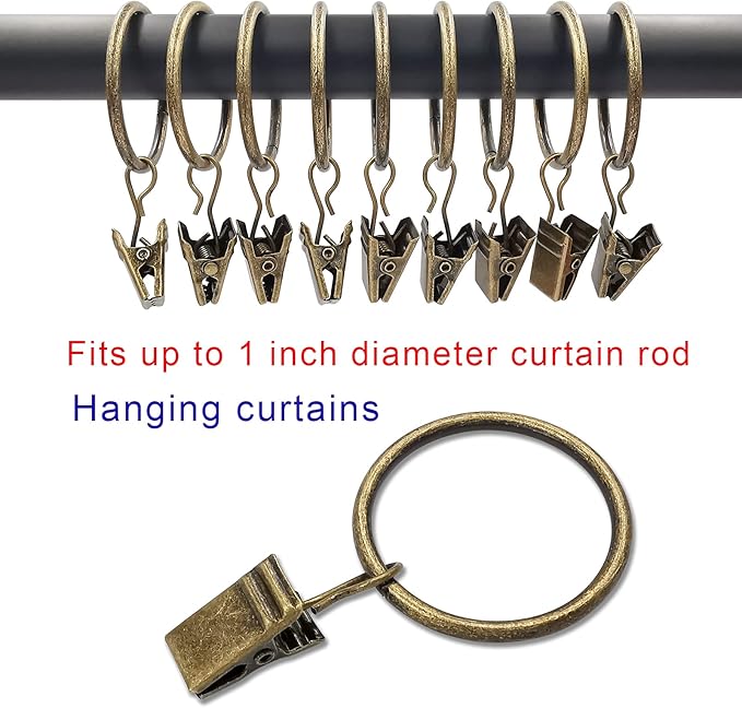AMZSEVEN 90 Pack Curtain Rings with Clips, Drapery Clips with Rings, Drapes Rings 1.26 in Interior Diameter, Fits up to 1 in Curtain Rod, Bronze