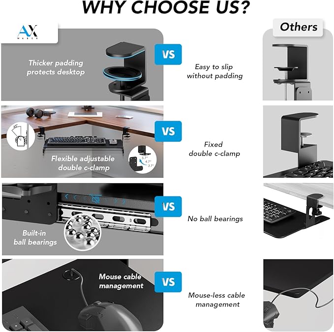 AX WABER Keyboard Tray Under Desk Pull Out with Extra Sturdy Adjustable C Clamp Mount System, 27.3 (32.5 inch Including Clamps) x 11 Inch Slide-Out Platform Computer Drawer for Typing, Black,AX01WB01