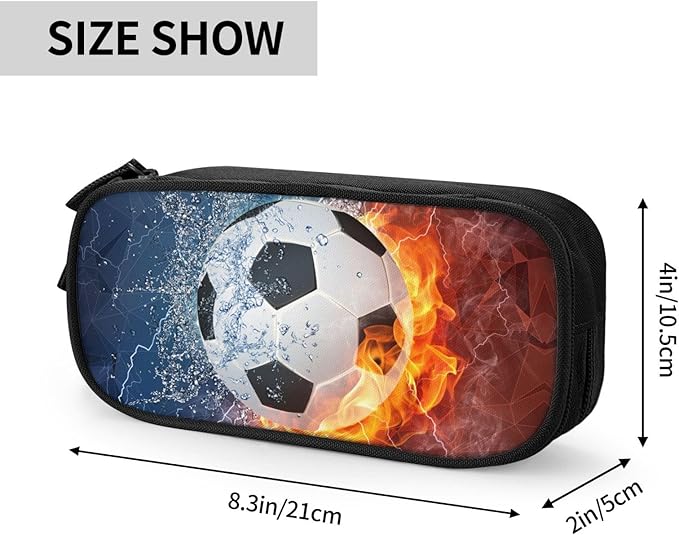 Boys Soccer Pencil Case with Cool Fire & Water Pattern Printed, Portable Pencil Box Pouch with Zipper Sports-Themed Stationery Supplies Pen Bag for Kids Teens for School