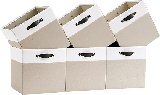 Storage Cube Bins | 7.7 oz/yd² Fabric Cubby Organizer Baskets for Shelf, Bookcase, Closet, Cabinet, Wardrobe | 13x13 Cube Drawer | 6 Pack, Beige & White, 13x13x13 Inch