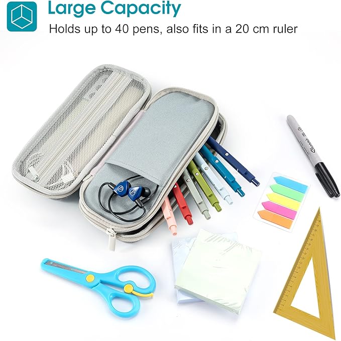 ProCase Pen Pencil Case, 2-Layer EVA Zipper Pencil Box Pouch Large Capacity Stationery Storage Organizer for School Office Supplies -Grey