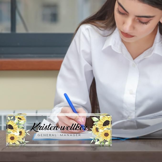 Personalized Office Name Plate for Desk, Custom Employee Appreciation Gifts, Acrylic Desk Name Plate Funny, Desk Decorations Gift, Acrylic Desk Ornaments (Sunflower)