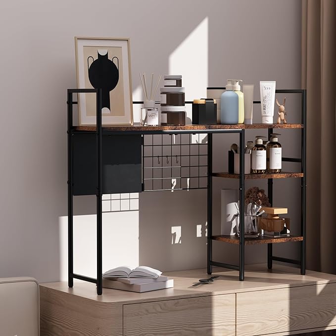 38.5" 3-Tier Desktop Bookshelf | Desk Organizer Shelf & Computer Monitor Stand | Dark Brown Home Office Storage