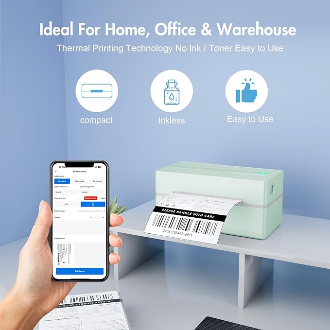 Bluetooth Thermal Shipping Label Printer: 4x6 Wireless Label Maker with Tape for Small Business - Compatible with iPhone, Android, Windows & Mac, Widely Used for USPS UPS Ebay Amazon Shopify, Green