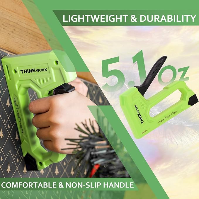 THINKWORK Light Duty Staple Gun - Upholstery Staple Gun for Wood with 1600pcs JT21 Staples 1/4", 5/16", 3/8" and Staple Remover, Fabric Stapler Gun for Crafts, Home Use, Wall, DIY, Lights Decor, Green