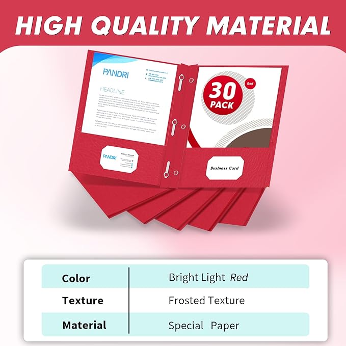 Two Pocket Folders, PANDRI 30 Pack Two Pocket Folders with Prongs, 3 Prong Folders Designed for Office and Classroom, Letter Size Red