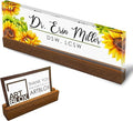 Artblox Personalized Office Desk Name Plate and Business Card Holder | Clear Acrylic Glass with Teak Wood Stand | Sunflowers Design Customized with Your Name and Credentials Office Desk Decor