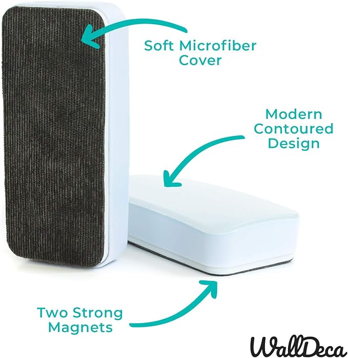 WallDeca Dry Erase Eraser, Felt Bottom Surface Whiteboard Eraser, Magnetic, Works on All Dry Erase Surfaces, Glass Board and Whiteboard (White)