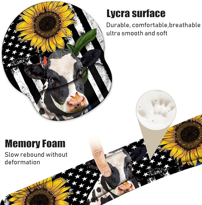 Keyboard Wrist Rest and Mouse Pad Wrist Support Set with Coasters, Ergonomic Gaming Mousepad for Home Office Working Studying Easy Typing & Pain Relief, American Flag Sunflower and Cow