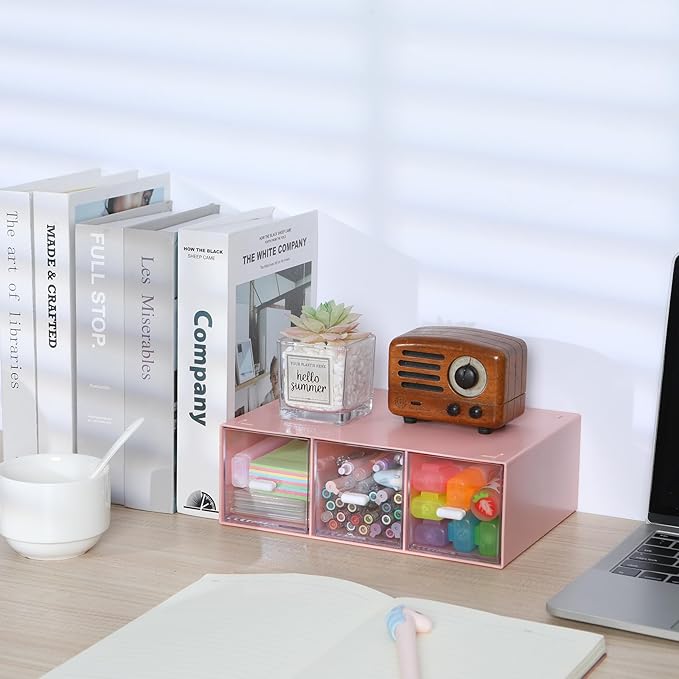 Desktop Drawers, Desk Organizer with 3 Drawers, Stackable Plastic Storage Box for Home Collection, Cosmetics, Office Supplies (1 Tall Layer, Pink)