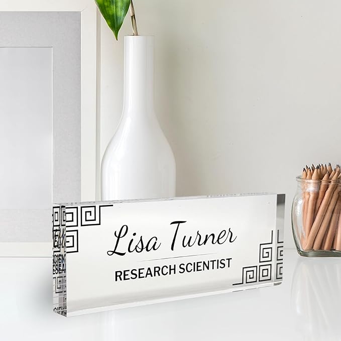 Customized Clear Acrylic Thick 8x3" Desk Name Plate Block with Personalized Logo - Professional Office Decor - Customized Acrylic Plate Gift for Teacher Co-workers, Christmas Gifts, Holiday Gifts (Greek Key Corners)