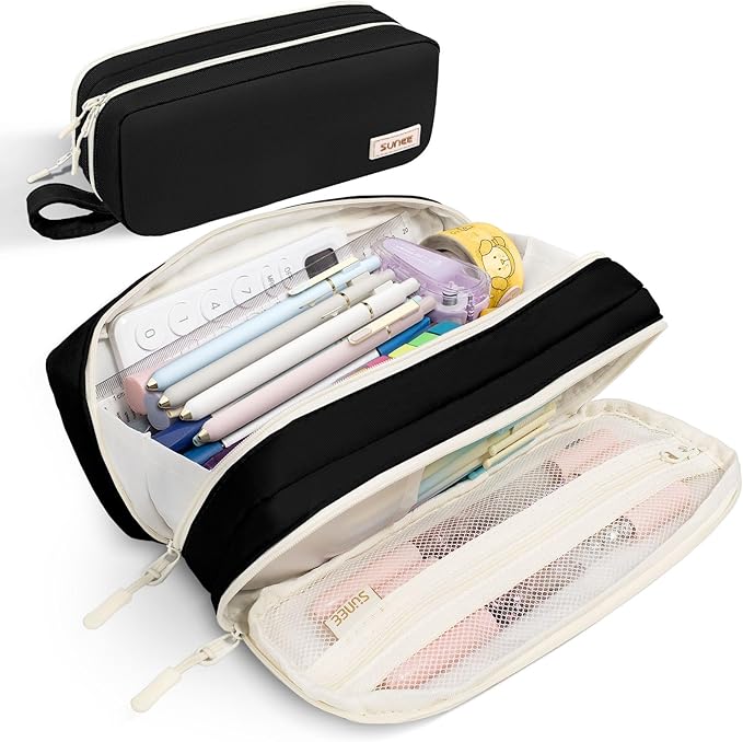 SUNEE Pencil Case, Large Capacity Pencil Pouch, Aesthetic Pen Bag Office Stationery Organizer Simple Sturdy Multifunctional for Teen Girls Women Men, Black