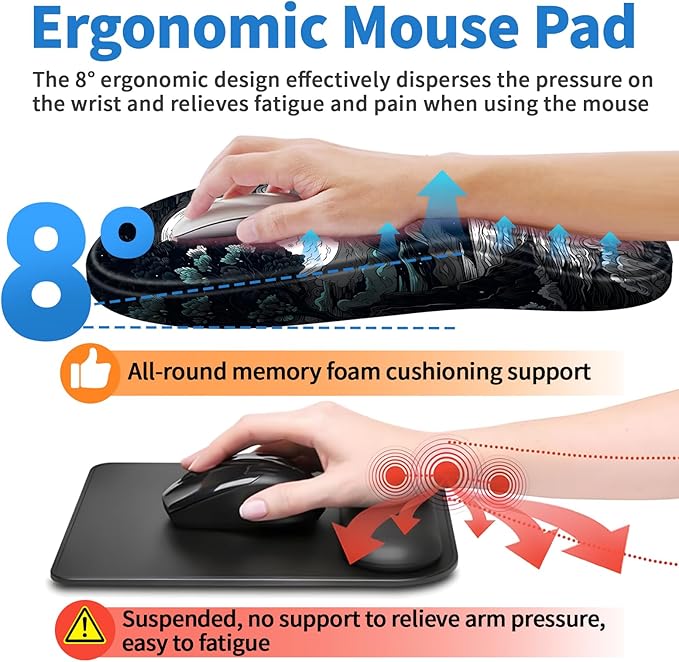 YIWEI Ergonomic Mouse Pad with Wrist Rest - Comfortable Office Mousepad with Memory Foam Wrist Support for Carpal Tunnel Relief, Mouse Pads with Non-Slip Base for Gaming and Home (Moon-2)
