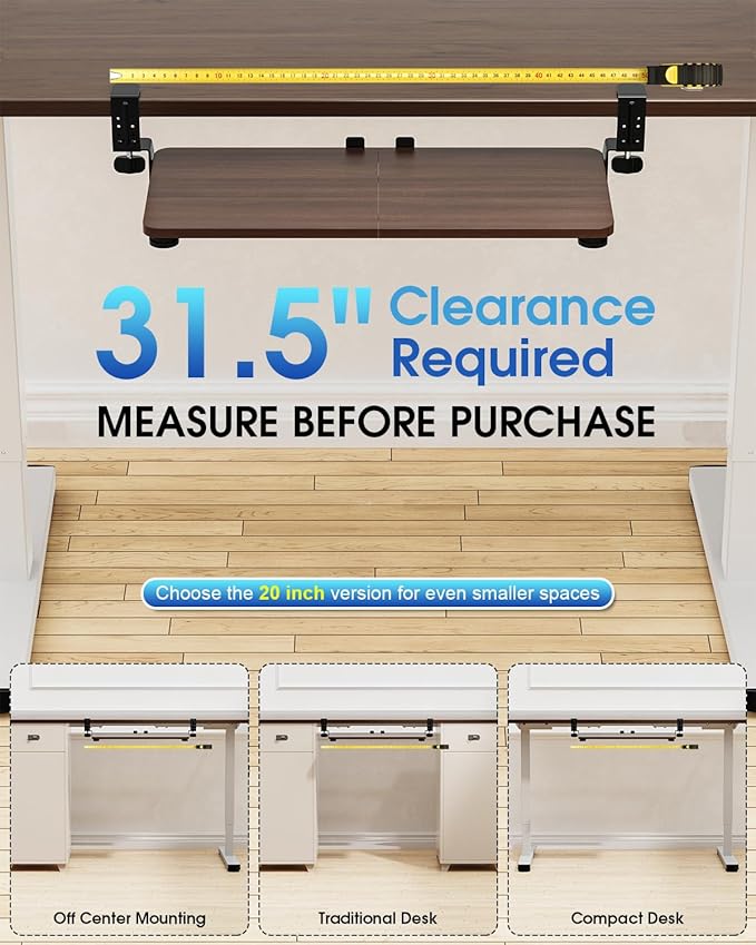 Large Keyboard Tray Under Desk, Pull Out Keyboard & Mouse Tray with Adjustable C-clamp, 25.6(31.5 Including Clamps) x 11.8 Inch Slide Out Computer Keyboard Drawer Mouse Tray for Typing, Walnut